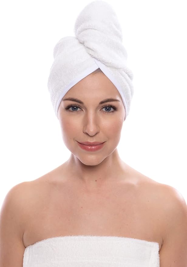 TexereSilk Women's Rayon and Cotton Terry Hair Towel - Quick Dry, Absorbent and Lightweight Hair Wrap Towel with Loop and Twist Closure (Tya, Natural White, U)