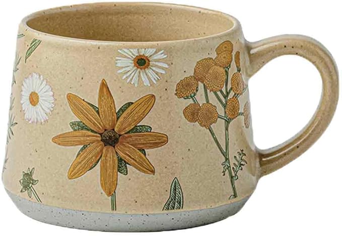 16OZ Ceramic Coffee Latte Mug, Cute Cup for Women, Ideal for Green Tea or Coffee,Hand Painted Floral Design Pottery Mug (sunflower)