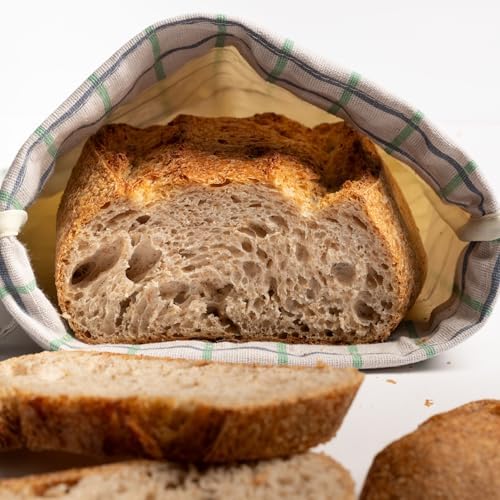 Keeki Reusable Beeswax Lined Bread Bag Bundle – 2-Pack Set Includes Standard Yellow Bag & Extra Long Blue Baguette Bag – Food Storage for Sourdough, Boules & Long Loaves