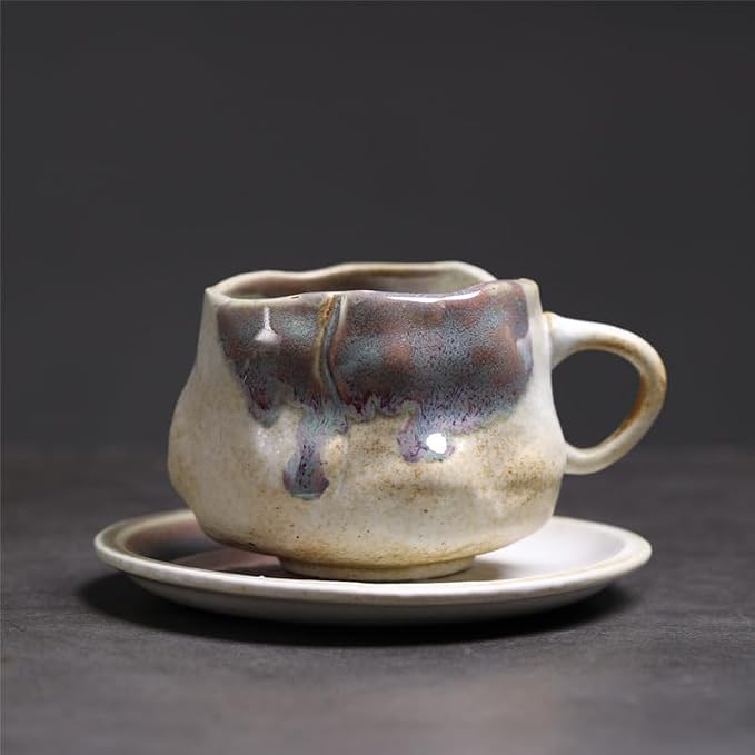 Handmade Irregular Ceramic Coffee Mug with Saucer, Kiln Flowing Glaze Wabi Sabi Latte Tea Cup Set, set of 1, 200ml (SHIGUANG02)