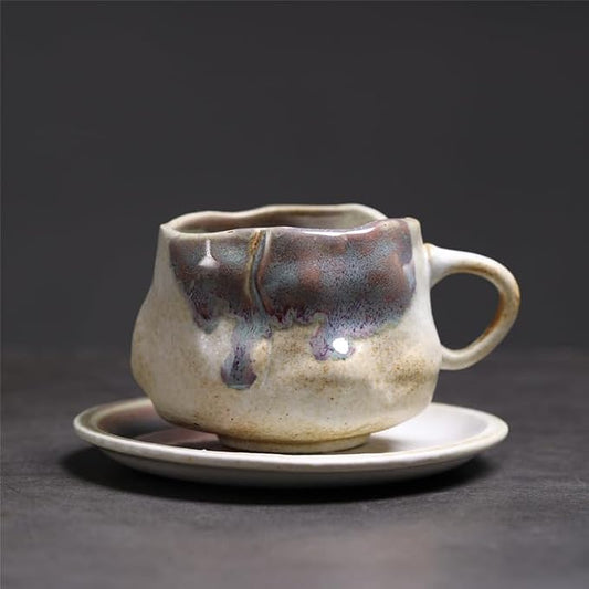 Handmade Irregular Ceramic Coffee Mug with Saucer, Kiln Flowing Glaze Wabi Sabi Latte Tea Cup Set, set of 1, 200ml (SHIGUANG02)