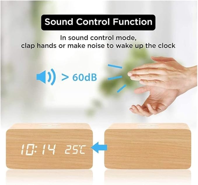 Digital Alarm Clock LED Wood Clocks,Temperature Display/Voice-Activated/Date/12/24 Hours,3 Alarms for Bedroom Office,Bamboo(Black)