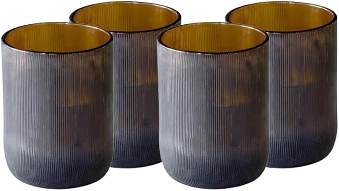 IWAS Upcycled Short Amber Drinking Glasses, Short, 8.45 oz / 250 ml, Set of 4 Rustic Grooved Cups, Handcrafted Sustainable Glassware