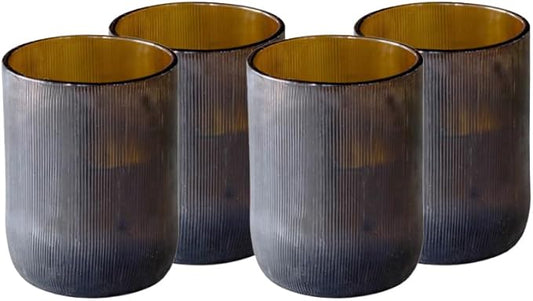 IWAS Upcycled Short Amber Drinking Glasses, Short, 8.45 oz / 250 ml, Set of 4 Rustic Grooved Cups, Handcrafted Sustainable Glassware