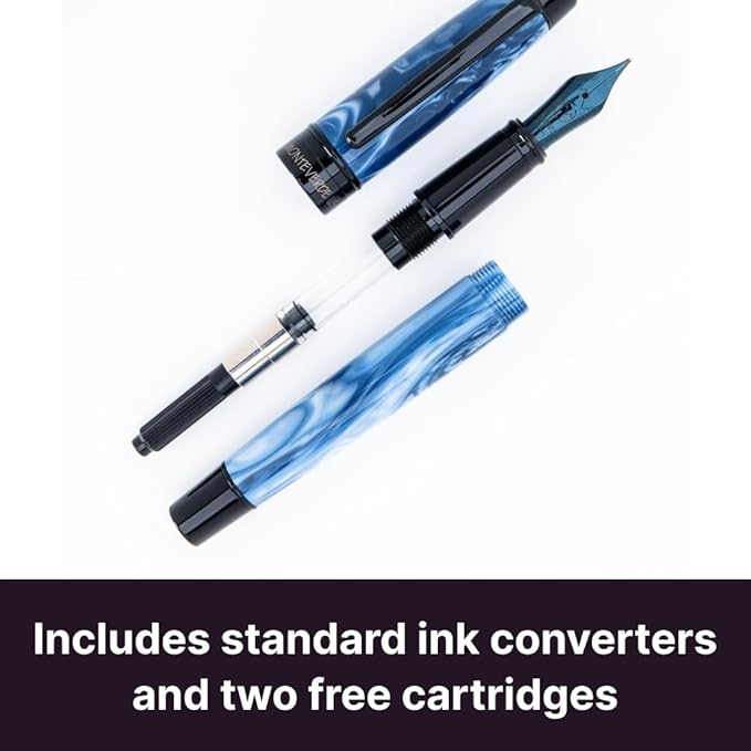Monteverde USA Prima Blue Swirl Fountain Pen - Stub Nib, Handcrafted Resin, JoWo Nib, Refillable, Luxury Gift Box