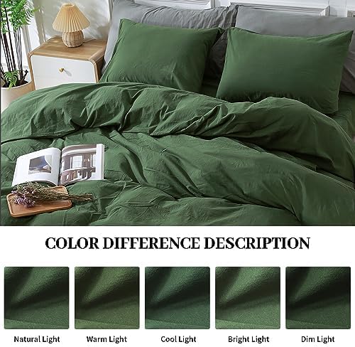 NEXHOME PRO Duvet Cover Set Kids Twin Size Linen Feel Textured Organic Natural 100% Washed Cotton Duvet Cover 2 Pieces Bedding Set with Zipper Closure, Breathable, Forest Green (No Comforter)