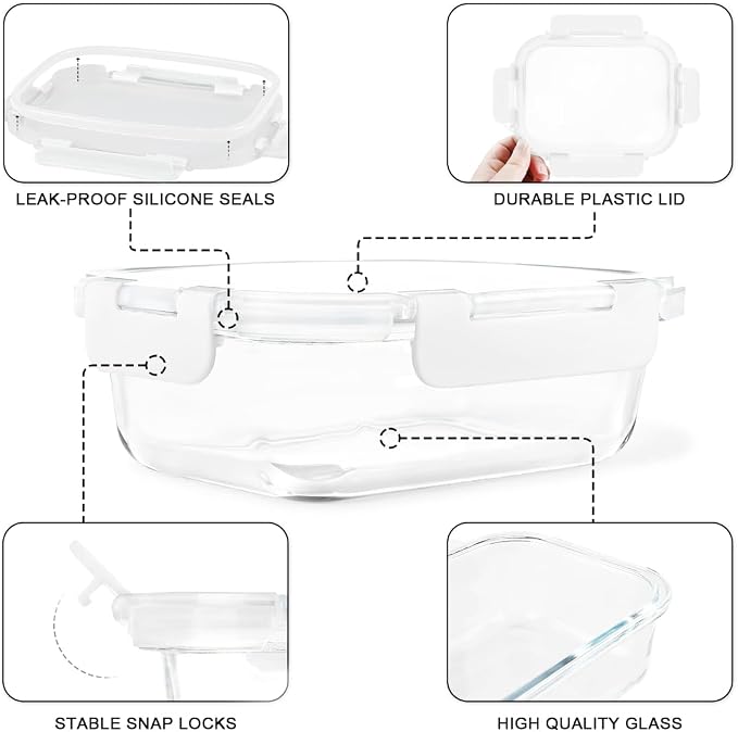 KAMOTA Glass Food Storage Containers, 10 Pack Glass Meal Prep Containers, Airtight Containers with Snap-Lock Lids, 22 oz White Container Set with Lids, for Microwave/Oven/Freezer/Dishwasher