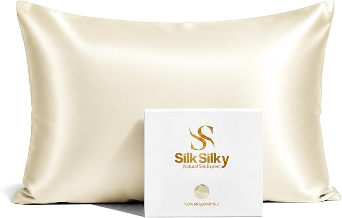 SilkSilky Luxury 30 Momme 100% Pure Organic Mulberry Silk Pillowcase for Hair & Skin, Grade 6A+ Silk Pillow Cases with Hidden Zipper, Cooling Silk for Deep Sleep (Standard 20''x26'', Ivory)