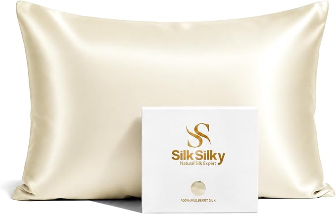 SilkSilky Luxury 30 Momme 100% Pure Organic Mulberry Silk Pillowcase for Hair & Skin, Grade 6A+ Silk Pillow Cases with Hidden Zipper, Cooling Silk for Deep Sleep (Queen 20''x30'', Ivory)