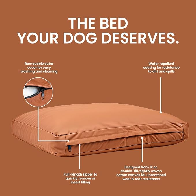 WHITEDUCK Outdoor Dog Bed Heavy-Duty 12oz Canvas, Water-Repellent Cotton, Machine Washable Removable Cover with Full-Length Zipper, Dog Bed for Large Dogs & Crate, (Brown) 41" Lx33 Wx4.3 th (XL)