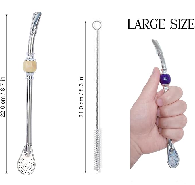 Premium Yerba Mate Straws - Reusable Stainless Steel Bombilla Straw with Colorful Beads - Set with Removable Head Filter (Light Brown)