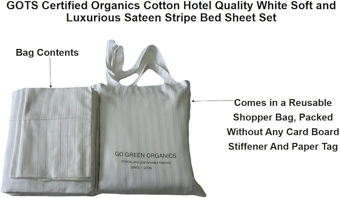 Organic Cotton Comfortable and Soft Sateen Stripe Bed Sheet Set - Luxury Hotel Quality - GOTS Certified - White - Deep Pocket - Easy Care - Queen