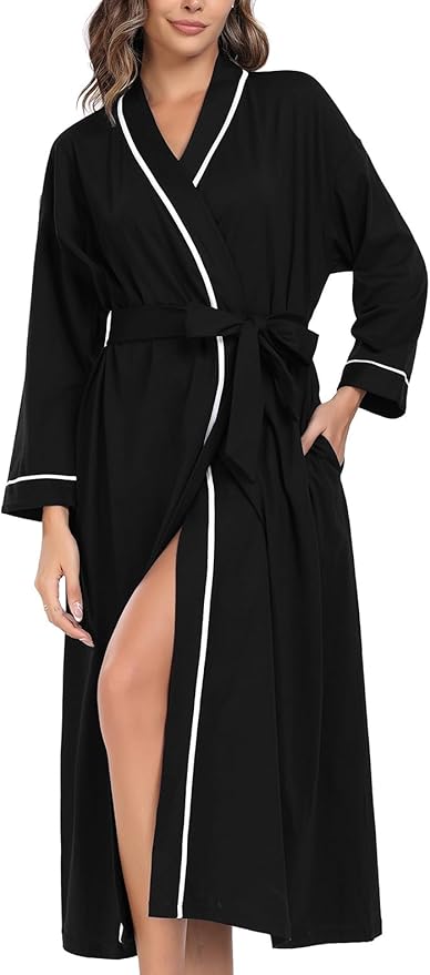 COLORFULLEAF 100% Cotton Women's Robes Summer Lightweight Kimono Soft Long Cotton Bathrobe for Women with Pockets