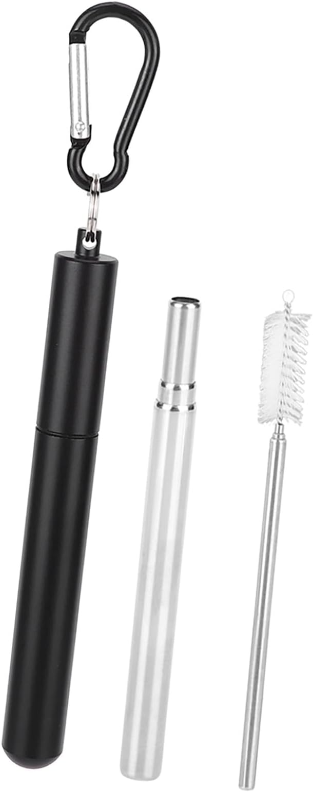 FTVOGUE Collapsible Stainless Steel Straw with Travel Case and Cleaning Brush for Tumblers Cups Smoothies Milkshakes Juice (Black)