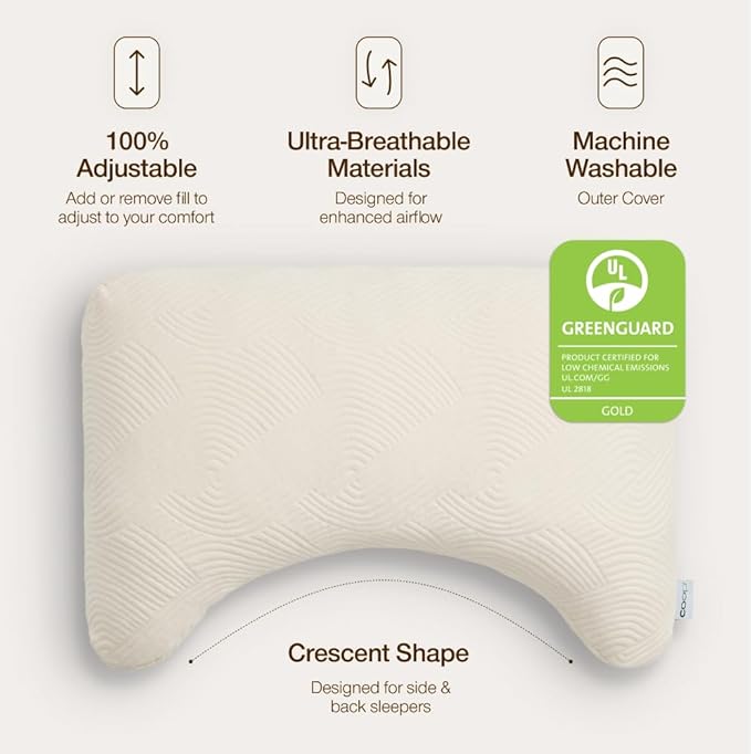Coop Home Goods Adjustable Latex Crescent Pillow King, Talalay Latex & Microfiber Fill, Ergonomic Shape, Naturally Cooling, Eco-Friendly, Medium Firm for Back and Side Sleepers, GREENGUARD Gold