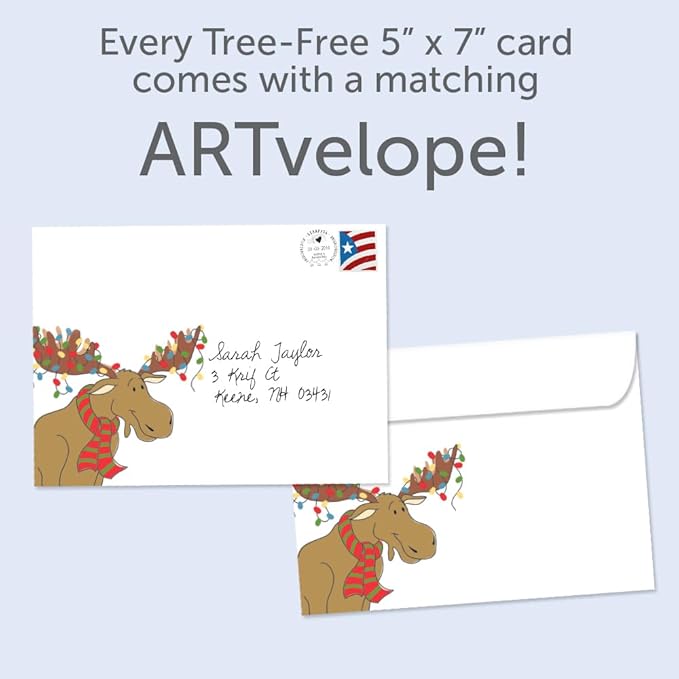 Tree-Free Greetings - Season's Greeting Cards - Artful Designs - 10 Cards + Matching Envelopes - Made in USA - 100% Recycled Paper - 5 x 7 - Merry Christmoose (HB30409)