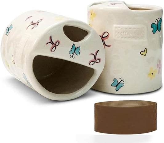 Ceramic Travel Mug with Half Lid, Handmade Butterfly Pottery Mug, Ceramic Coffee Mugs Porcelain Coffee Cup Use for Kitchen Dining Office, White