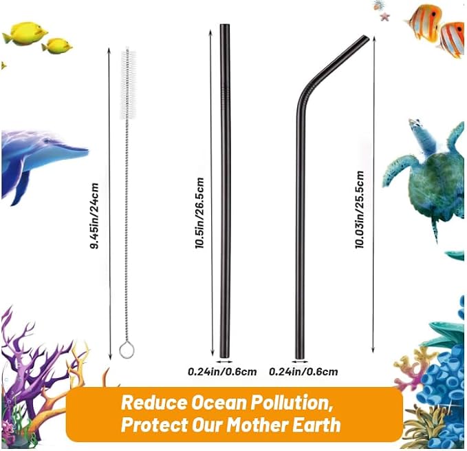VEHHE Black Metal Straws Reusable Stainless Steel Straws with Cleaning Brush for 20/30 Oz for Yeti RTIC SIC Ozark Trail Tumblers (Black 2 Straight|2 Bent|1 Brush)