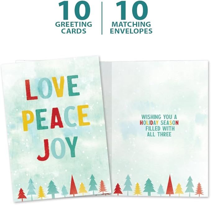 Tree-Free Greetings Holiday 10 Pack with Matching Envelopes, Eco Friendly, Made in USA, 100% Recycled Paper, 5"x7", Love Peace Joy (HB54436)