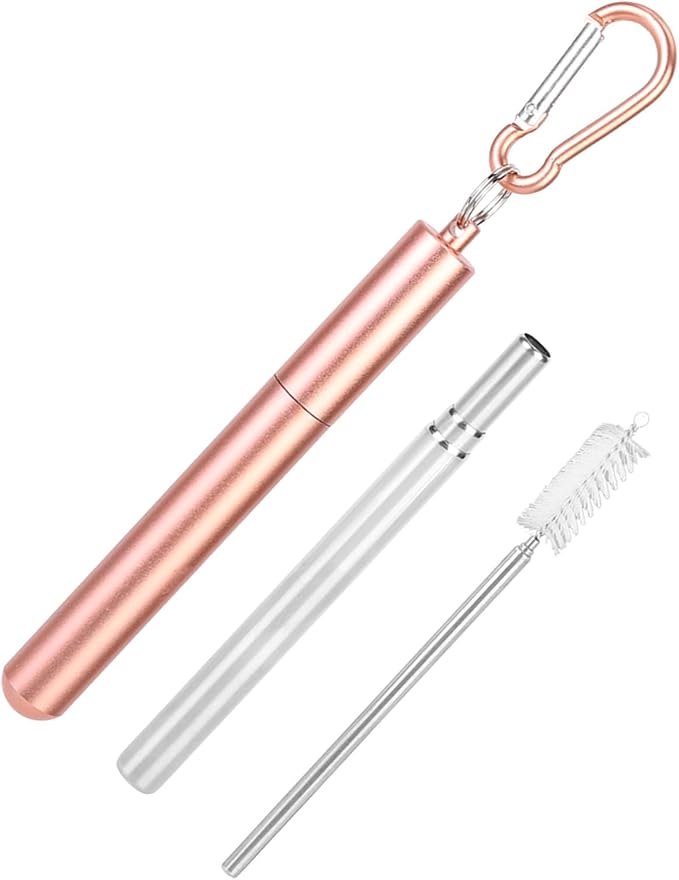 FTVOGUE Collapsible Stainless Steel Straw with Travel Case and Cleaning Brush for Tumblers Cups Smoothies Milkshakes Juice (Pink)