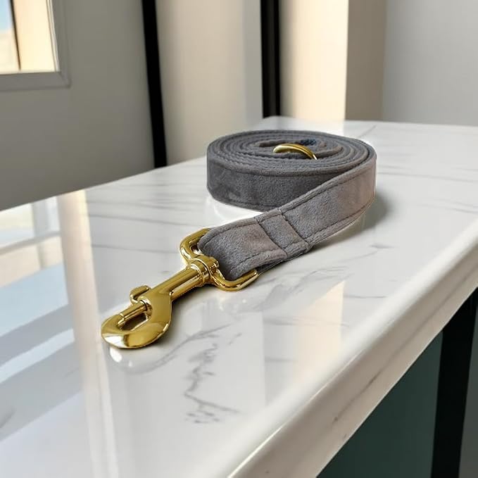 Love Dream Velvet Dog Collar and Leash Set, Soft & Comfy Adjustable Dog Leash and Collar with Heavy Duty Metal Buckle for Small Medium Large Dogs Training & Walking (Large, Grey)