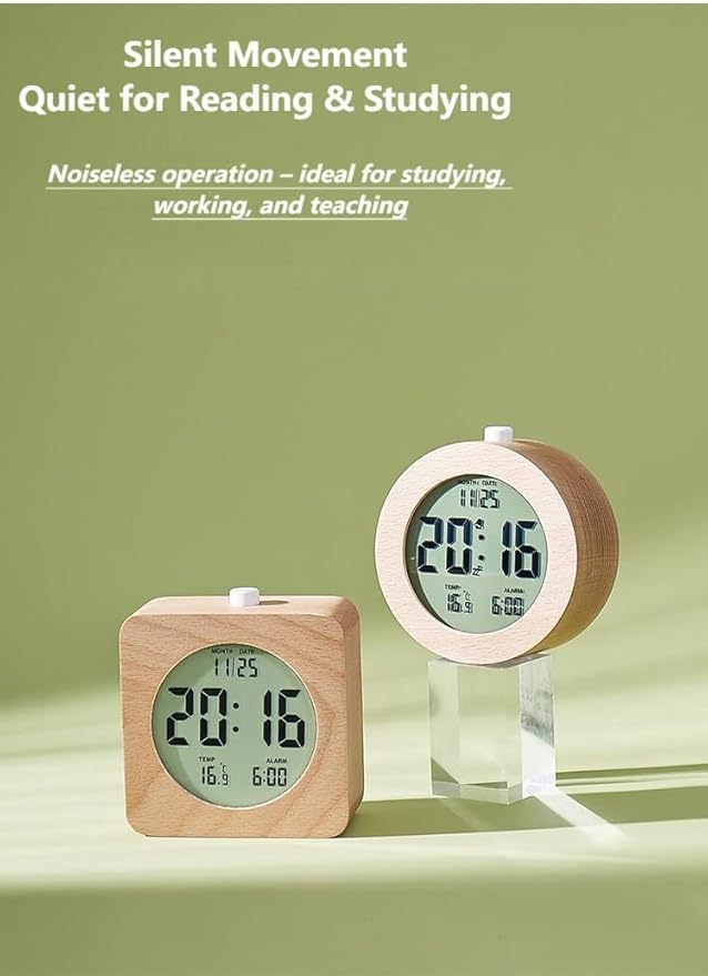 Digital Alarm Clock with LCD Display, Wooden Case, Temperature Display, Date Function (02)