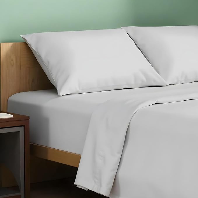 TEXAS LINEN CO. 100% Organic Cotton Sheets Cal King Size - 4 PC Organic Cotton Cal King Percale Weave Sheet Set, Soft, Cooling, Crisp, 16" Deep Pocket Hotel Quality Bedding Set - Light Grey