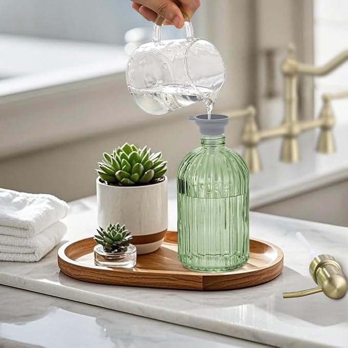 16Oz Green Glass Soap Dispenser with Rust Proof Stainless Steel Pump, Green Stripe Bathroom Hand Dish Lotion Dispensers with Brushed Gold Pump,Brushed Gold Glass Soap Dispenser,2 Packs