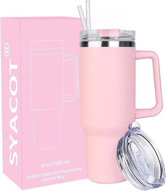 SYACOT 40 oz Tumbler with Handle and Straw Stainless Steel Insulated Tumbler Leak Proof Lid and Straw Lid Reusable Travel Mug Coffee Mug Cup Dishwasher Safe Keep Drinks Cold and Hot (Pink Dusk)