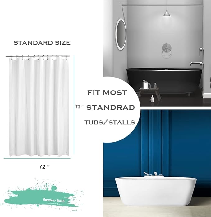 White Plastic Shower Curtain Liner, 72x72 Inch Thin Lightweight Plastic Bathroom Shower Showroom Inner Curtain with Rustproof Metal Grommet Holes and Weighted Magnets