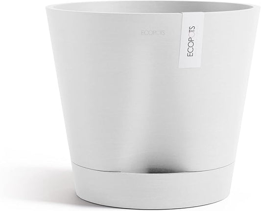 Ecopots Venice 2 Durable Modern Round Indoor/Outdoor Recycled-Based Composite Flower Pot Planter w/Water Reservoir, Pure White, 12"