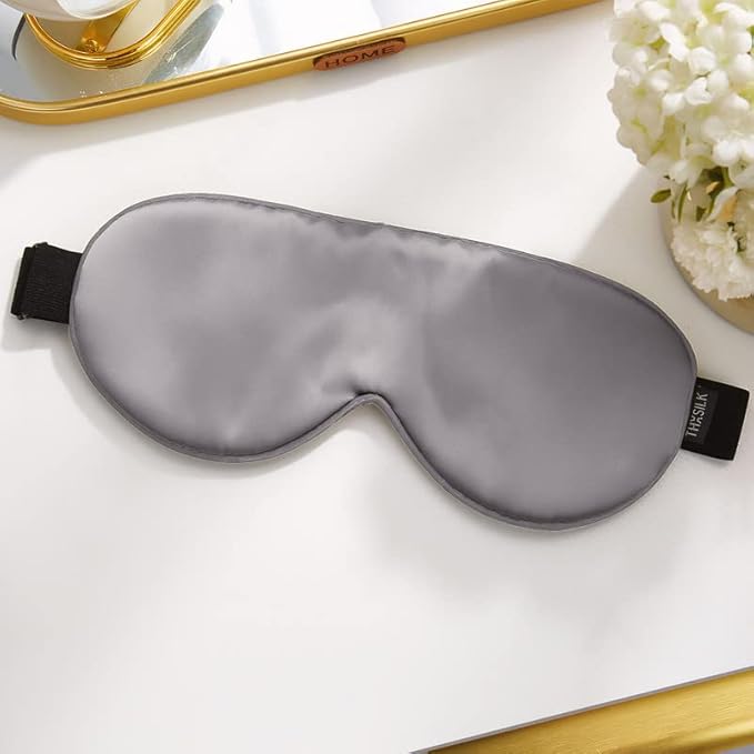 THXSILK Sleep Mask 100% 19 Momme Pure Mulberry Silk Super Smooth Cooling Sleep Eye Mask Blackout for Women/Man/Kids Eye Cover with Wide Head Strap Good Night Sleep Comfortable Travel and Nap, Grey