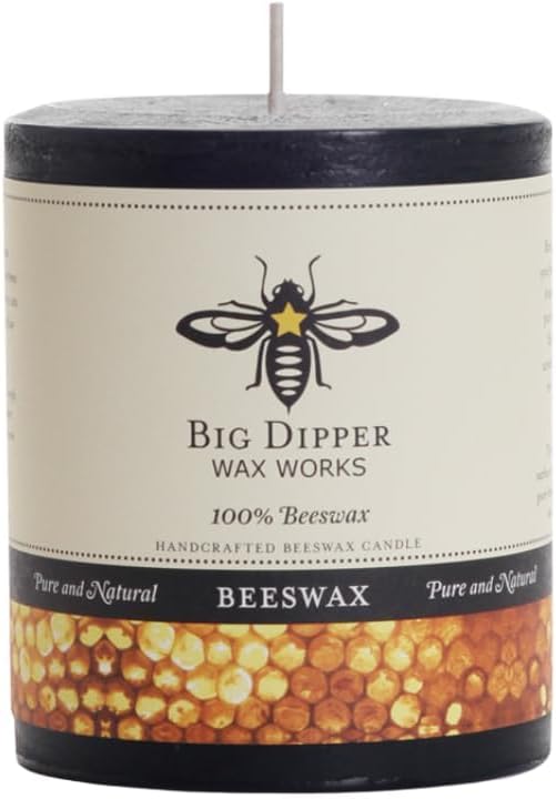 Big Dipper Wax Works Black Pillar Candle, 60-Hour Long Burn, Pure Beeswax Candle, 3" x 3.5”