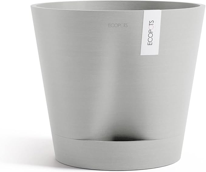 Ecopots Venice 2 Durable Modern Round Indoor/Outdoor Recycled-Based Composite Flower Pot Planter w/Water Reservoir, White Grey, 16"