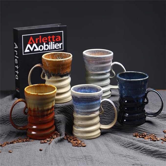 17oz Large Unique Cool Tall Handmade Ceramic Coffee Mug with Comfortable Big handle, Big Pottery Tea Mug, Artisanal Stoneware Coffee cup, Rustic Lead-free Tea Cups, Microwave safe,Black and Blue