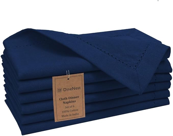 Hemstitch Cloth Dinner Napkins 100% Cotton Set of 6 - for Dining Special Occasions Weddings Parties Holidays Easter - Soft Durable Reusable - 18x18 Inch Table Cloth Napkins Navy Blue