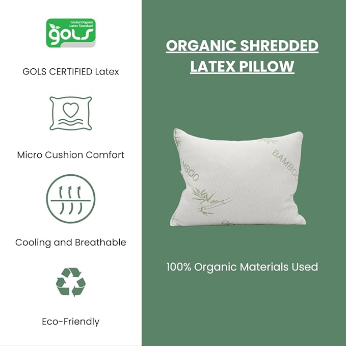ORGANIC TEXTILES 100% Handmade Organic Shredded Latex Bed Pillow with Viscose Derived Bamboo Cover - (Standard, Pack of 2)