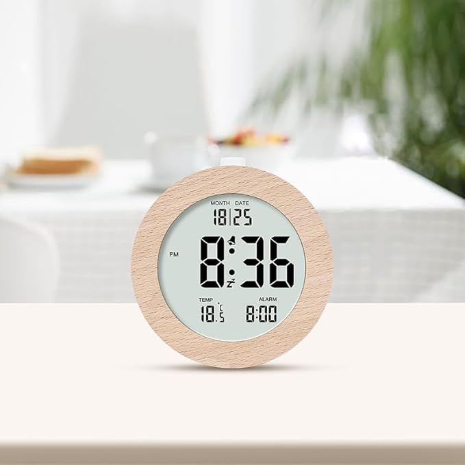 Digital Alarm Clock with LCD Display, Wooden Case, Temperature Display, Date Function (01)