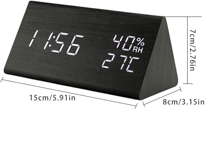 Digital Alarm Clock, Wooden Alarm Clock with Electronic LED Time Display, Humidity & Temperature Detect 3 Alarm Settings 3 Level Brightness Electric Clock for Bedroom Bedside Desk (Black wood)