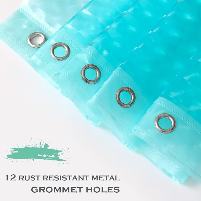 Teal 3D Crystal Plastic Shower Curtain Liner, 72x72 Inch Thin Lightweight Ice Cube Plastic Bathroom Shower Showroom Inner Curtain with Rustproof Metal Grommet Holes and Weighted Magnets