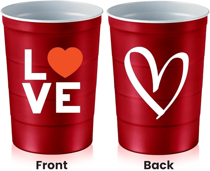Steel Chill Cups 16 oz. Party Cup Love Heart Design for Cold Drinks, Durable, Disposable, Recyclable, Made in USA, Red, 12 Count
