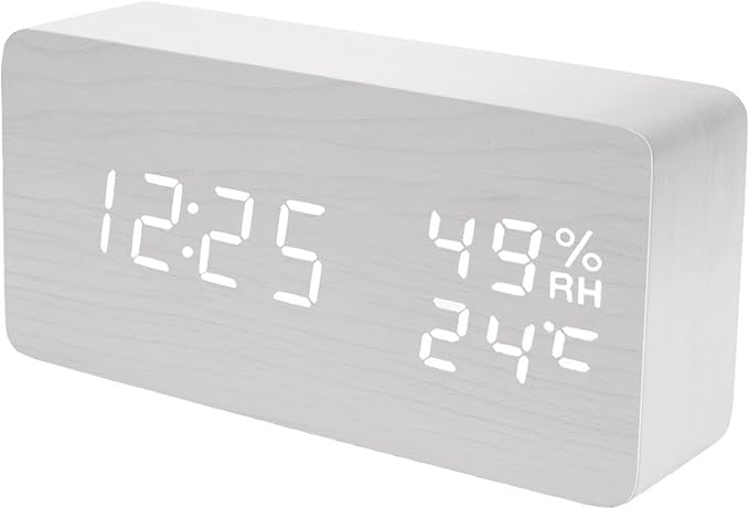 Alarm Clock Wood Digital Clock for Bedroom Snooze Modern LED Desk Clock Display Time Temperature Humidity Brightness Adjustable for Kids Teens Home Office White