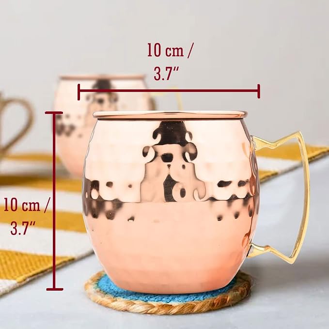 BOLD & DIVINE Copper Plated Moscow Mule Mugs Set of 2 | 18 Oz Hammered Cups with 304 Stainless Steel Lining and Gold Brass Handles | Bonus Copper Straws, Shot Glass & Cleaning Brush
