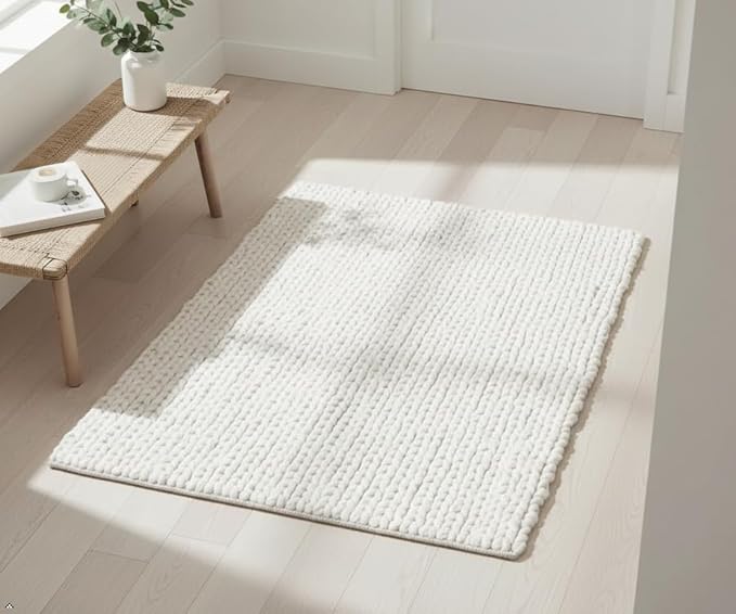 FRELISH DECOR Wool Cotton Premium Hand Woven Braided Chunky Cable Rug/Doormat - Contemporary Foot Mat for Living Room Bedroom Entryway 2' x 3' Ivory