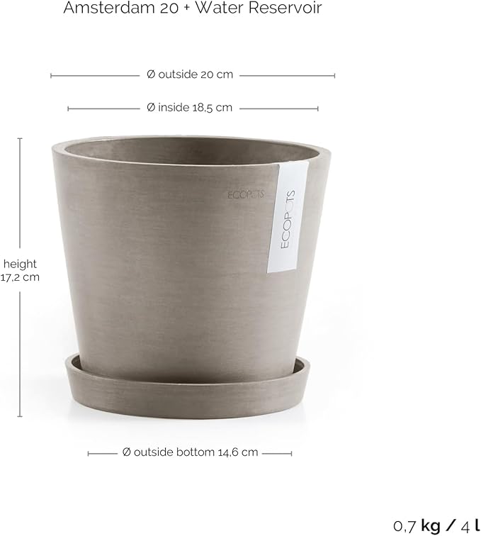 Ecopots Amsterdam Durable Modern Round Indoor/Outdoor Recycled-Based Composite Flower Pot Planter w/Water Reservoir, Taupe, 8"