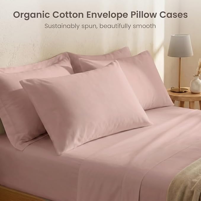 Bioweaves 100% Organic Cotton Envelope Pillow Cases 300 Thread Count Soft Sateen Weave GOTS Certified – 20 X 27, Set of 2, Dusty Rose