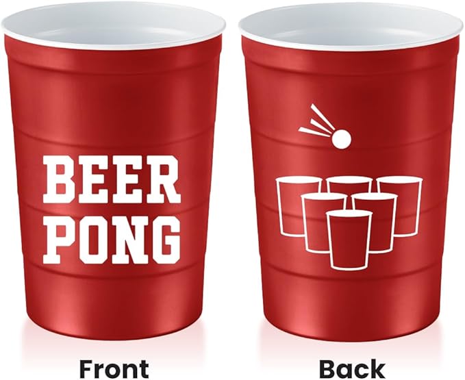 Steel Chill Cups 16 oz. Party Cup 'Beer Pong' Drinking Game Design for Cold Drinks, Sturdy, Durable, Disposable, Recyclable, Made in USA, Red 12 Count
