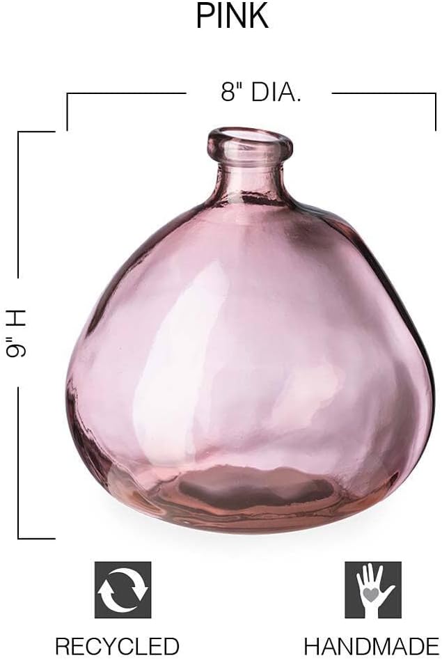 VivaTerra Recycled Round Glass Balloon Vase – Handblown Glass Vases for Centerpieces – Unique Organic Shape in a Delicate Pink Color – Sustainable and Unique Home Decor (9" H x 8" Dia.)