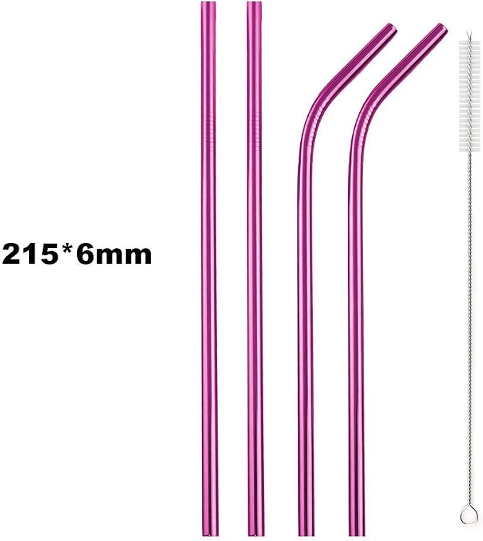 JASHII Reusable Portable Metal Straws Stainless Steel Eco-friendly Drinking Straw with Travel Cloth Bag (2 Bent 2 Straight 1 Brush),Pink