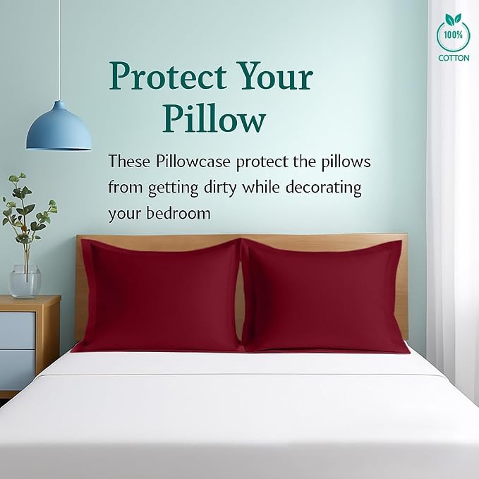 2 Pack Pillow Shams Queen Size 20x30 – 600 Thread Count 100% Organic Cotton Burgundy Pillow Covers with 2 Inch Flange, Soft & Smooth Premium Hotel-Quality Pillowcases Set of 2